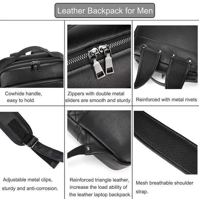 Alt view image 3 of 5 - LUUFAN Genuine Leather Shoulder Bag for Men Casual Laptop Backpack Daypack Rucksack Business Travel Outdoor Bag with Trolley Sleeve, Black