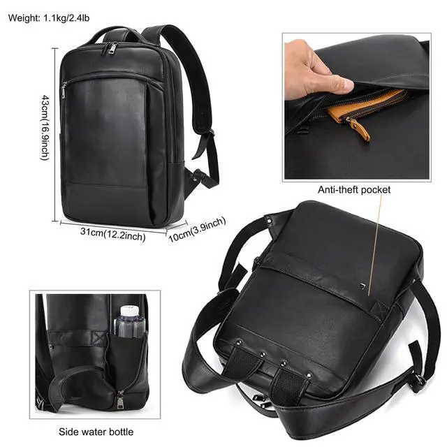 Alt view image 5 of 5 - LUUFAN Genuine Leather Shoulder Bag for Men Casual Laptop Backpack Daypack Rucksack Business Travel Outdoor Bag with Trolley Sleeve, Black