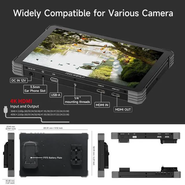 Alt view image 3 of 5 - FEELWORLD T10 Touchscreen 10.1inch 1920x1200 Camera Filed DSLR HDMI Monitor Camera External Monitor with 3D LUT HDMI Ouput F970 Power Plate