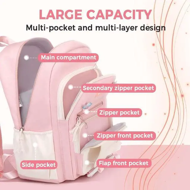 Alt view image 3 of 5 - Large School Backpack for Girls Teens Kids Cute Aesthetic Waterproof Laptop Back Pack Kawaii Preppy Elementary Middle High School Students Bookbag for Ages 6-8 8-10 10-12 (Pink)