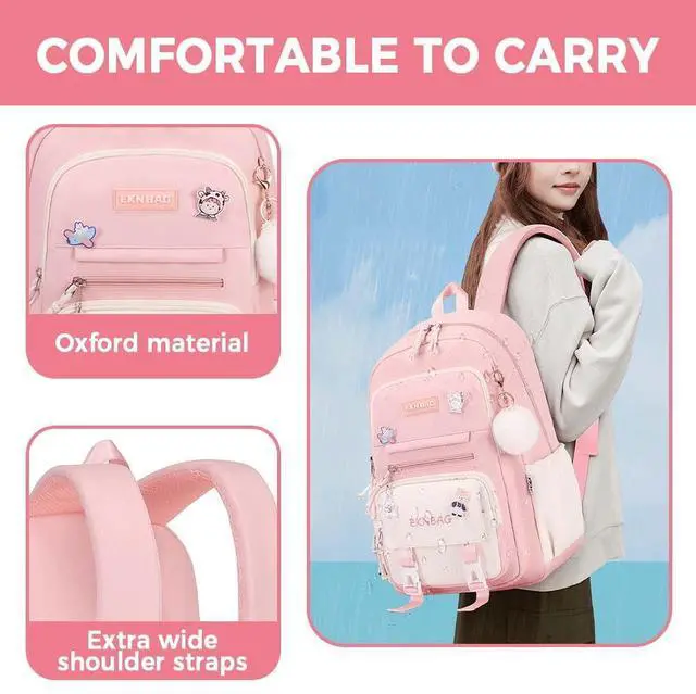 Alt view image 4 of 5 - Large School Backpack for Girls Teens Kids Cute Aesthetic Waterproof Laptop Back Pack Kawaii Preppy Elementary Middle High School Students Bookbag for Ages 6-8 8-10 10-12 (Pink)
