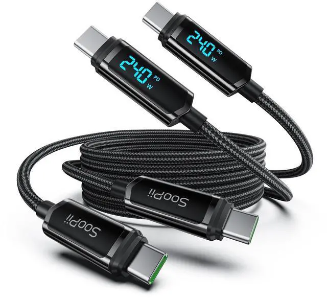 Main image of SOOPII USB C to USB C Cable [6.6ft/2Pack], 240W USB C Cable,Nylon Braided Type C Fast Charging Cables with LED Display for lPhone 16/15 Pro Max, Galaxy S25/S24, MacBook Pro/Air, iPad, Laptop,Black