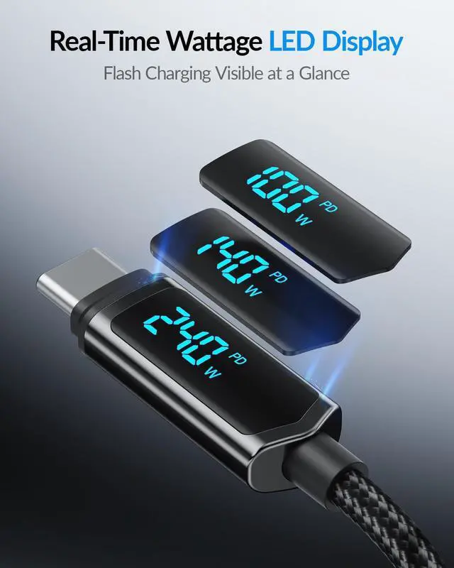 Alt view image 4 of 5 - SOOPII USB C to USB C Cable [6.6ft/2Pack], 240W USB C Cable,Nylon Braided Type C Fast Charging Cables with LED Display for lPhone 16/15 Pro Max, Galaxy S25/S24, MacBook Pro/Air, iPad, Laptop,Black