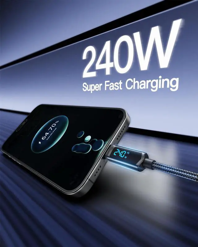 Alt view image 2 of 5 - SOOPII USB C to USB C Cable [6.6ft/2Pack], 240W USB C Cable,Nylon Braided Type C Fast Charging Cables with LED Display for lPhone 16/15 Pro Max, Galaxy S25/S24, MacBook Pro/Air, iPad, Laptop,Black