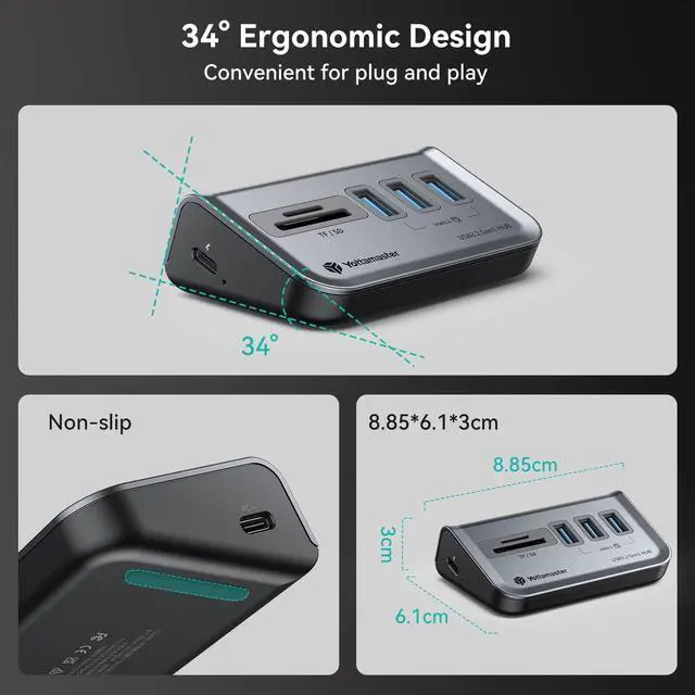 Alt view image 4 of 5 - Yottamaster USB Hub with SD Card Reader, Triangle Desktop USB3.0 Hub with 3 USB A 3.0 Ports, TF & SD Card Reader with 1.64ft Cable for PC, Laptop (Not Support Charging)