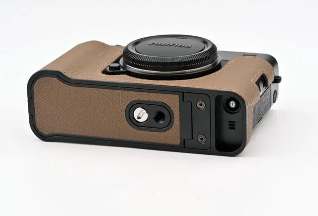 Alt view image 5 of 5 - Handmade Genuine Leather Camera Half Case for FUJIFILM X-E5/FUJIFILM X-E5 Camera Case - Top Layer Cowhide Body + Metal Base Plate (Brown)