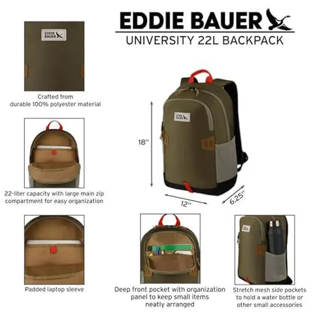 Alt view image 2 of 5 - Eddie Bauer University Backpack 22L | Everyday Carry | Work | Travel | Commuter | Padded Laptop Sleeve | Stretch Bottle Pockets | Lightweight | Durable - Adler Green
