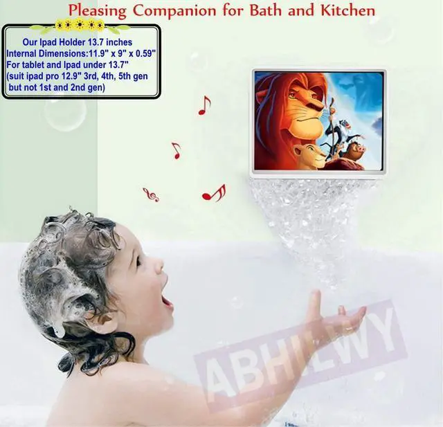 Alt view image 2 of 5 - ABHILWY Shower Tablet Holder Waterproof Compatible with Ipad, Wall Mounted Bathroom Tablet Case, Adhesive Touchable Cradle with Glass Mirror Anti-Fog Screen for Bathtub Kitchen 12.9 inches White