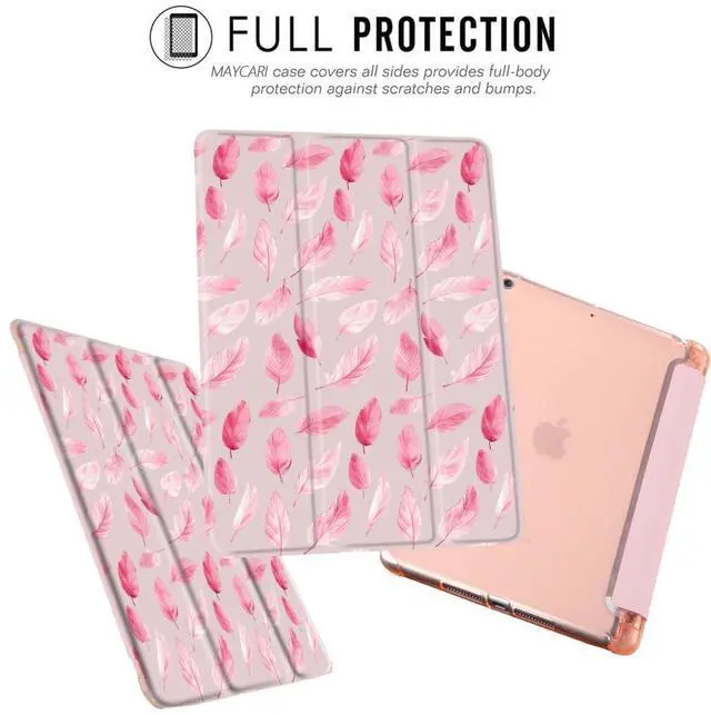 Alt view image 2 of 5 - MAYCARI Original Pink Feathers Case for iPad Pro 12.9 Inch Case 2022/2021/2020 with Pencil Holder, Feathers iPad Pro 6th/5th/4th Generation Soft TPU Back Protective Cover, Auto Sleep/Wake Slim Shell