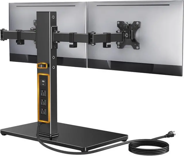 Main image of Perlegear Dual Monitor Stand with Power Strip, Freestanding Computer Monitor Stand for 2 Screens up to 32 Inch, Monitor Stand Riser with Glass Base and Adjustable Arms, Holds 22 lbs per Arm, PGTVS41B