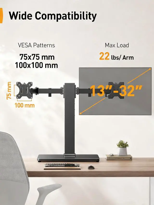 Alt view image 2 of 5 - Perlegear Dual Monitor Stand with Power Strip, Freestanding Computer Monitor Stand for 2 Screens up to 32 Inch, Monitor Stand Riser with Glass Base and Adjustable Arms, Holds 22 lbs per Arm, PGTVS41B