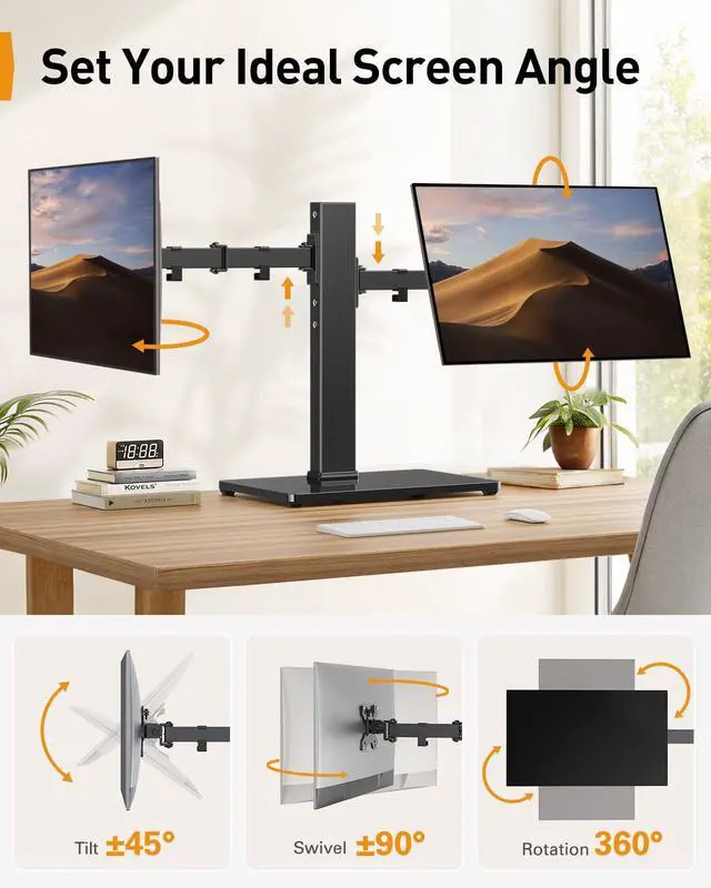 Alt view image 5 of 5 - Perlegear Dual Monitor Stand with Power Strip, Freestanding Computer Monitor Stand for 2 Screens up to 32 Inch, Monitor Stand Riser with Glass Base and Adjustable Arms, Holds 22 lbs per Arm, PGTVS41B