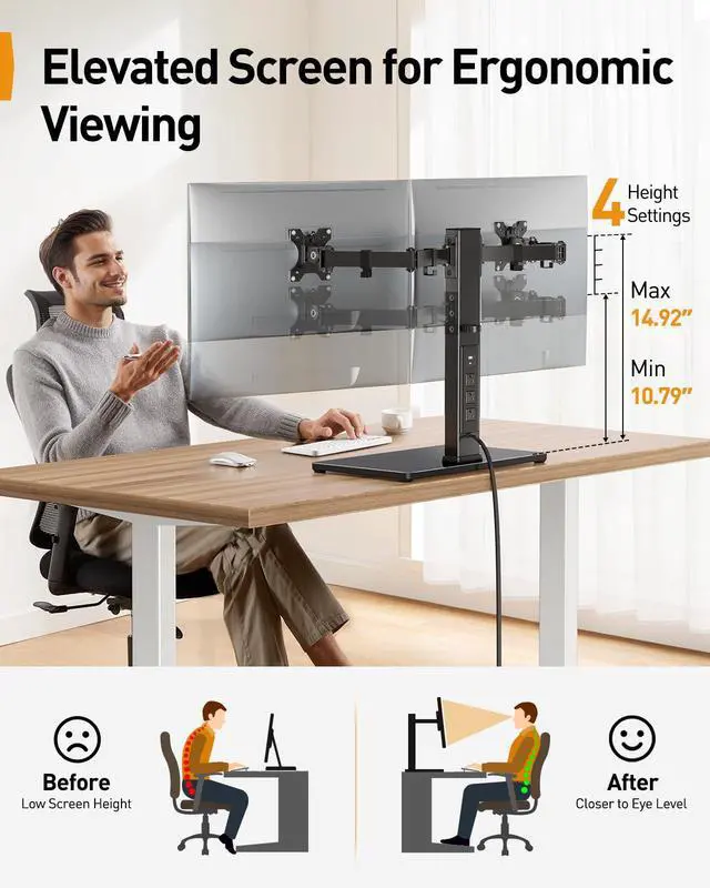 Alt view image 4 of 5 - Perlegear Dual Monitor Stand with Power Strip, Freestanding Computer Monitor Stand for 2 Screens up to 32 Inch, Monitor Stand Riser with Glass Base and Adjustable Arms, Holds 22 lbs per Arm, PGTVS41B