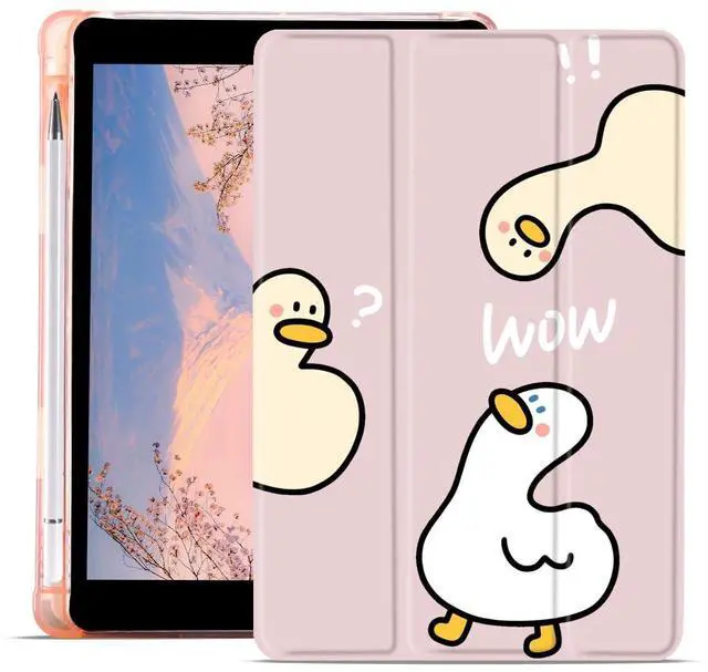 Main image of JOYLAND Funny Duck Pad Case for 10.9 Inch iPad 2022 with Pencil Holder, Foldable for iPad 10th Generation Case Cartoon Smart Stand Pink Leather Protective Cover, Auto Wake/Sleep