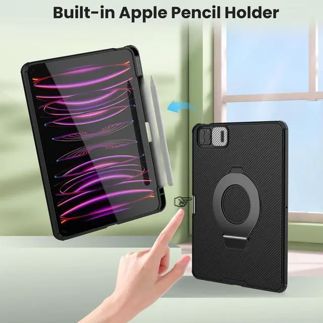 Alt view image 3 of 5 - Nillkin Case for ipad Air 11 inch (M3 2025/M2 2024) & iPad Pro 11 inch Case with Pencil Holder, Heavy Duty Shockproof Protective Case with Lens Slide Cover, Magnetic Stand,Black