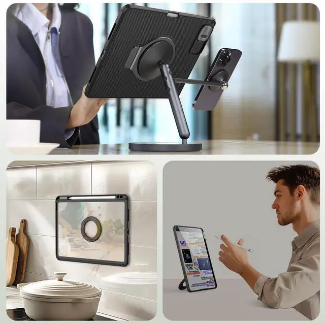 Alt view image 5 of 5 - Nillkin Case for ipad Air 11 inch (M3 2025/M2 2024) & iPad Pro 11 inch Case with Pencil Holder, Heavy Duty Shockproof Protective Case with Lens Slide Cover, Magnetic Stand,Black