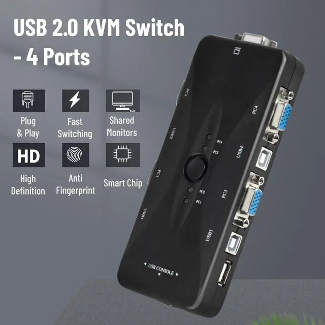 Alt view image 2 of 5 - 4 Port KVM Switch, USB 2.0 KVM VGA/SVGA , VGA KVM Switch with USB Hub, Computer Switch Box Adapter for PC Keyboard