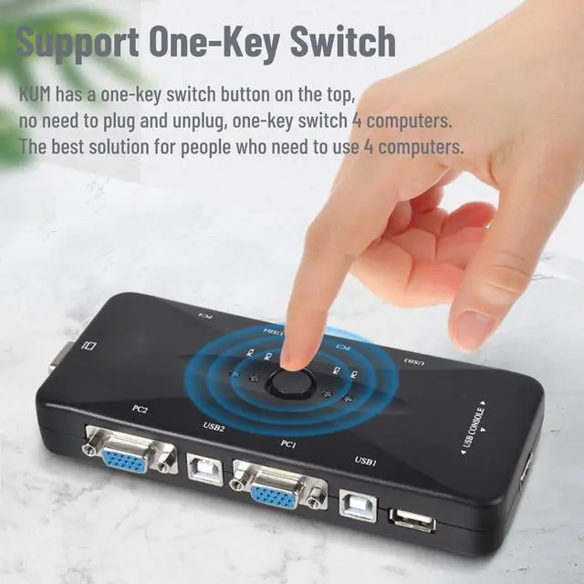 Alt view image 4 of 5 - 4 Port KVM Switch, USB 2.0 KVM VGA/SVGA , VGA KVM Switch with USB Hub, Computer Switch Box Adapter for PC Keyboard