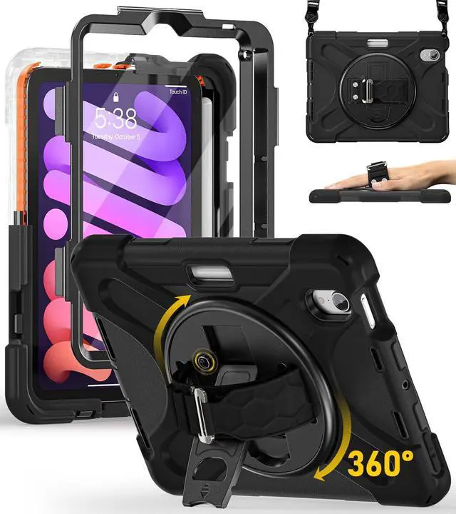 Main image of BRAECN for iPad mini 7(A17 Pro)/ 6 case 2024/2021 8.3 inch Heavy Duty Shockproof Protective with Pencil Holder Screen Protector 360°Rotating Stand Handle Full Body Cover Shoulder Strap Kids Friendly