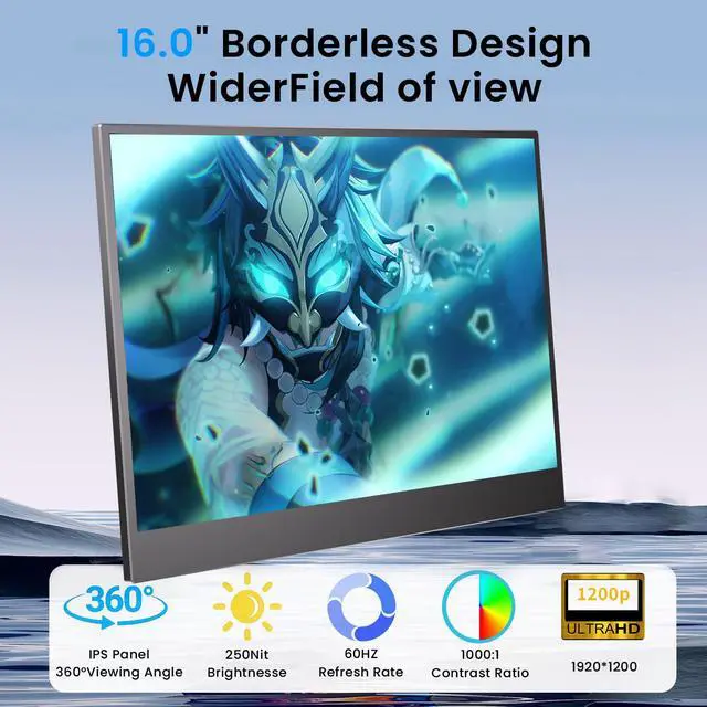 Alt view image 2 of 5 - JUSTTHINK 16'' Portable Monitor for Laptop, 1200P 144hz Gaming Monitor for Laptop PC PS5 Xbox Switch, Type C & miniHDMI Input