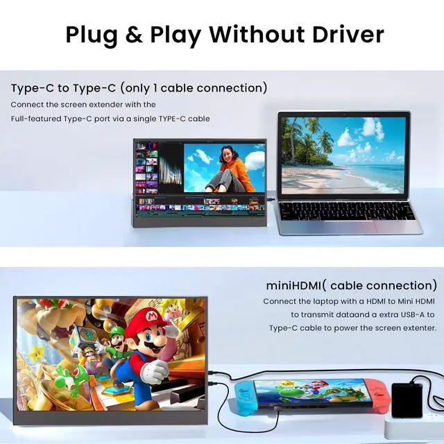 Alt view image 3 of 5 - JUSTTHINK 16'' Portable Monitor for Laptop, 1200P 144hz Gaming Monitor for Laptop PC PS5 Xbox Switch, Type C & miniHDMI Input