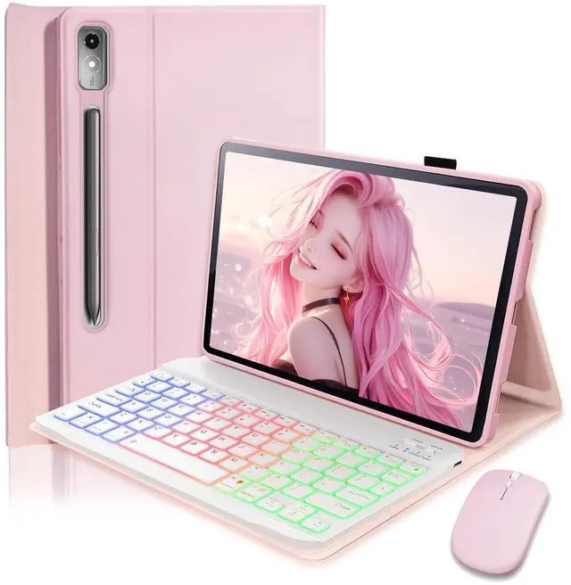 Main image of SAMTUNK Keyboard Case for Lenovo Tab P12 12.7 Inch 2023 Cover - 7 Color Rainbow Change Backlit Detachable Magnetic Keyboard with Mouse - Pink