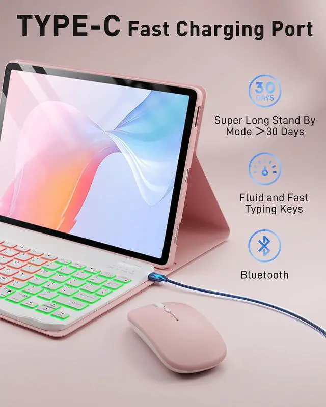 Alt view image 4 of 5 - SAMTUNK Keyboard Case for Lenovo Tab P12 12.7 Inch 2023 Cover - 7 Color Rainbow Change Backlit Detachable Magnetic Keyboard with Mouse - Pink
