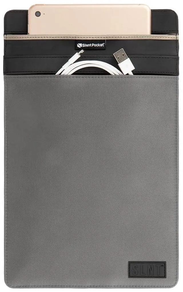 Main image of SLNT Faraday Bag Tablet Sleeve with Silent Pocket - Leather or Weatherproof Nylon, Signal Blocking Device Shielding for iPad, Samsung Galaxy Tab, Most Tablets, Privacy (Charcoal Grey Nylon, Large)