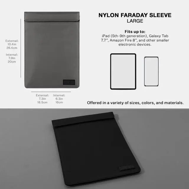 Alt view image 4 of 5 - SLNT Faraday Bag Tablet Sleeve with Silent Pocket - Leather or Weatherproof Nylon, Signal Blocking Device Shielding for iPad, Samsung Galaxy Tab, Most Tablets, Privacy (Charcoal Grey Nylon, Large)