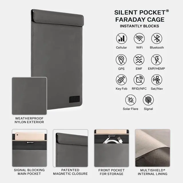 Alt view image 3 of 5 - SLNT Faraday Bag Tablet Sleeve with Silent Pocket - Leather or Weatherproof Nylon, Signal Blocking Device Shielding for iPad, Samsung Galaxy Tab, Most Tablets, Privacy (Charcoal Grey Nylon, Large)