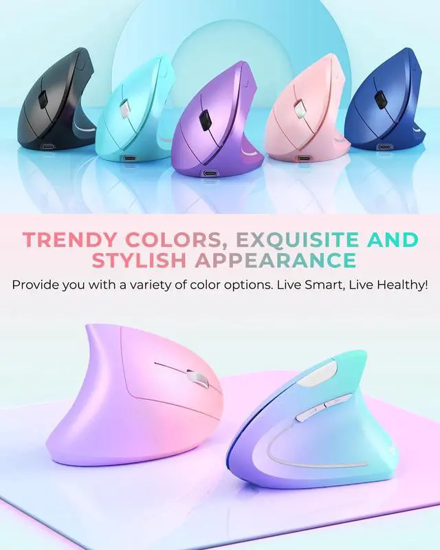 Alt view image 2 of 5 - Lekvey Ergonomic Mouse, Vertical Wireless Mouse, Rechargeable 2.4G Optical Carpal Tunnel Mice with USB Receiver: 1000/1200 / 1600 DPI, 6 Buttons, for Laptop, Computer, PC, Desktop, Pink Green