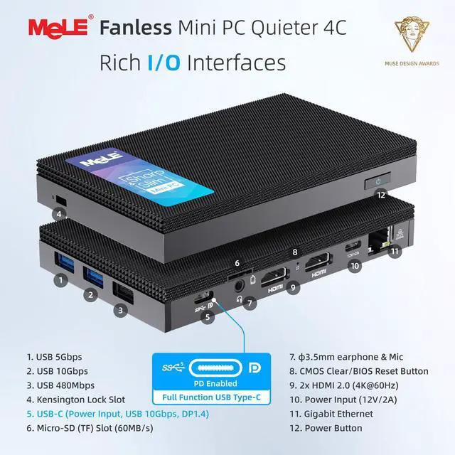 Alt view image 2 of 5 - MeLE Fanless Mini PC with Win-11-Pro,Quieter4C N150 32GB RAM LPDDR5 1TB SSD Support 4K Triple Display via Dual HDMI & All-in-One USB-C WiFi 5 BT5.1 Small Micro Desktop Computer on Office Business