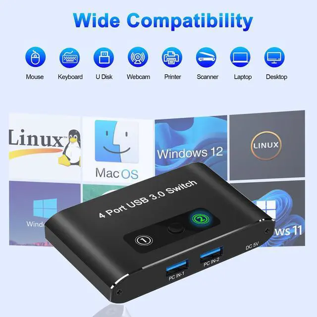 Alt view image 5 of 5 - USB Switch, USB Switcher 2 Computers, USB 3.0 Switch Sharing 4 USB Devices KVM Switcher Box for PC, Printer, Scanner, Mouse, Keyboard with 2 Pack USB Cable, Compatible with Mac/Windows/Linux