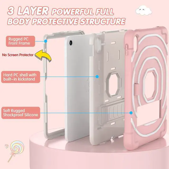 Alt view image 3 of 5 - SIBEITU Kids Case for iPad (A16) 11th Generation 11-inch 2025/ 10th Gen 10.9-inch 2022, Shockproof Rugged Hybrid 3-Layer Protective Cover with Kickstand & Pencil Holder for Girls Boys (Pink+White)