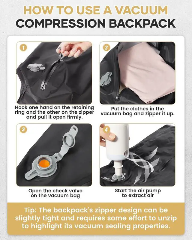 Alt view image 2 of 5 - Vacuum Travel Backpack with Pump for Women,Personal Item Carry on Backpacks Flight Approved 18x14x8 inches for Men,Laptop Waterproof Work Compression bags Casual Daypack. Beige.