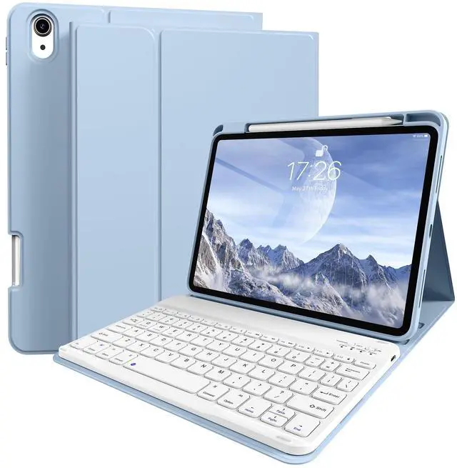 Main image of kenke for iPad 11/10th Gen Case with Keyboard 11/10.9 inch 2025 A16/2022, Detachable Wireless Bluetooth Keyboard Case with Right Side Pencil Holder, White Square Keycaps (Blue)