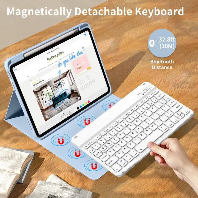 Alt view image 3 of 5 - kenke for iPad 11/10th Gen Case with Keyboard 11/10.9 inch 2025 A16/2022, Detachable Wireless Bluetooth Keyboard Case with Right Side Pencil Holder, White Square Keycaps (Blue)
