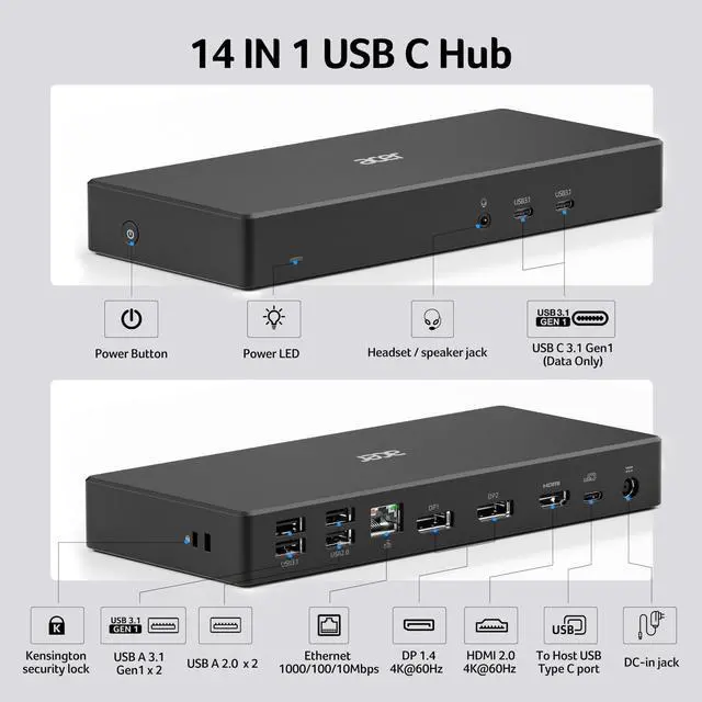 Alt view image 2 of 5 - Acer Docking Station, 11-in-1 Laptop Docking Station 4K@60Hz for 3 Monitors with 2x DisplayPort+HDMI, Ethernet, 5Gbps Data, Audio, 135W Power, USBC Dock Compatible with Acer, Dell, MacBook Air/Pro, HP