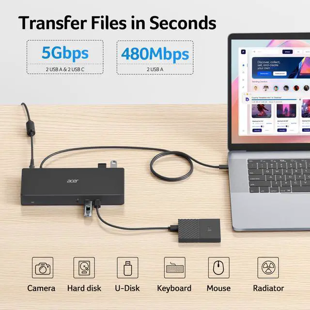 Alt view image 5 of 5 - Acer Docking Station, 11-in-1 Laptop Docking Station 4K@60Hz for 3 Monitors with 2x DisplayPort+HDMI, Ethernet, 5Gbps Data, Audio, 135W Power, USBC Dock Compatible with Acer, Dell, MacBook Air/Pro, HP