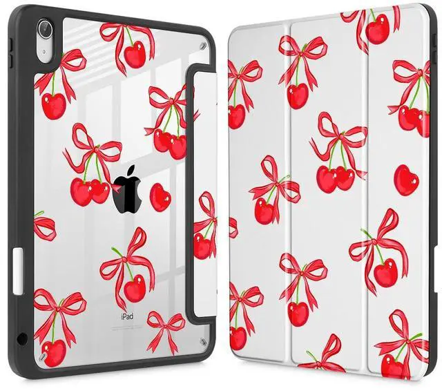 Main image of May Chen Case for iPad Air 13 Inch (M3) 2025, (M2) 2024 - [Built-in Pencil Holder] Shockproof Cover with Clear Transparent Back Shell, Auto Sleep/Wake Cover, Cherries Ribbon Bows