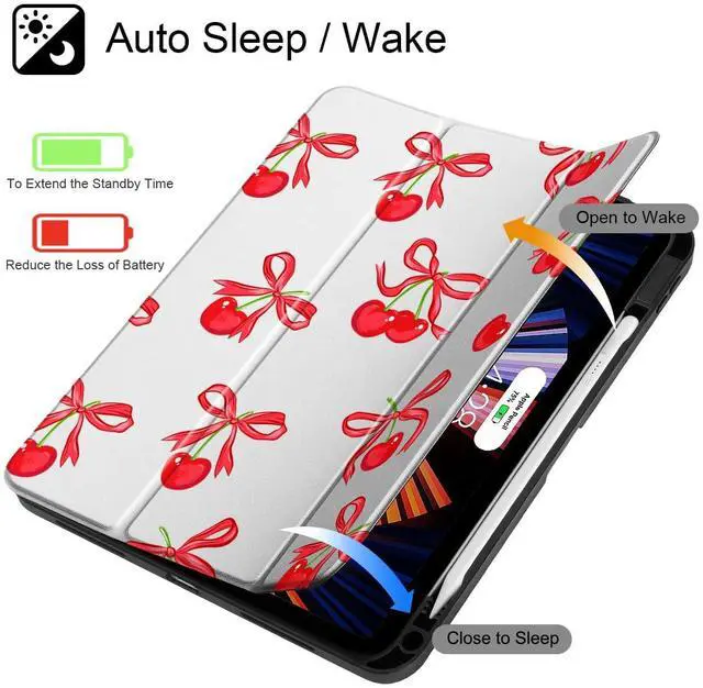 Alt view image 3 of 5 - May Chen Case for iPad Air 13 Inch (M3) 2025, (M2) 2024 - [Built-in Pencil Holder] Shockproof Cover with Clear Transparent Back Shell, Auto Sleep/Wake Cover, Cherries Ribbon Bows