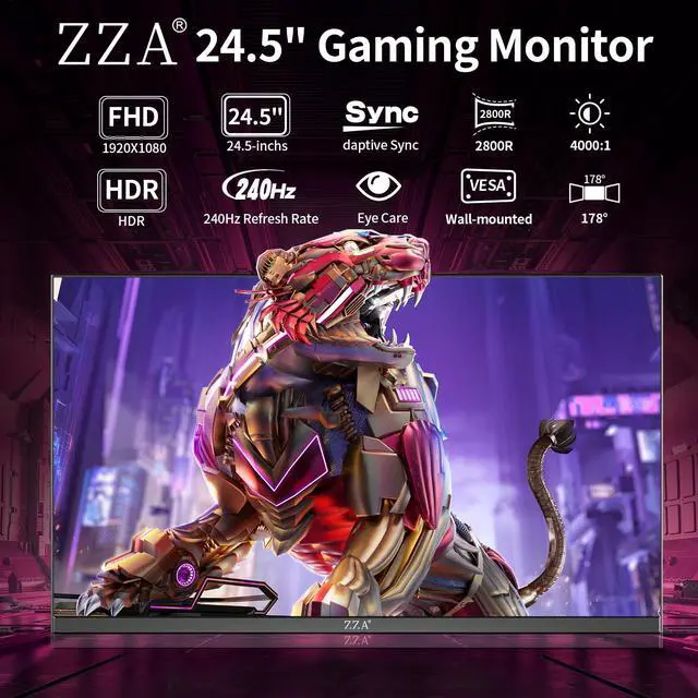 Alt view image 2 of 5 - ZZA 24.5" Curved Gaming Monitor, 240Hz|180Hz|144Hz FHD(1920 * 1080P) VA Screen Computer Monitor, Supports Freesync, 120% sRGB, Blue Light Filter,AMD Freesync, Wall Mountable Installs(HDMI 1.4/DP 1.2)