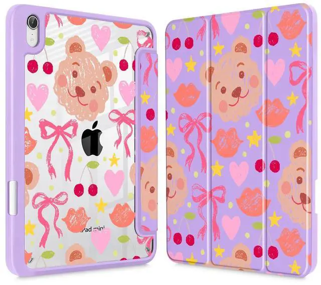 Main image of Mektron Printed Case for iPad mini 7 (A17 Pro) 2024/ Mini 6 2021, iPad mini 7th/6th Generation Case, Buit in Pencil Holder with Clear Back Shell + Trifold Stand + Auto Wake/Sleep, Teddy Bow-Purple