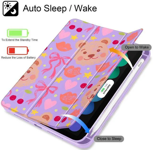 Alt view image 3 of 5 - Mektron Printed Case for iPad mini 7 (A17 Pro) 2024/ Mini 6 2021, iPad mini 7th/6th Generation Case, Buit in Pencil Holder with Clear Back Shell + Trifold Stand + Auto Wake/Sleep, Teddy Bow-Purple