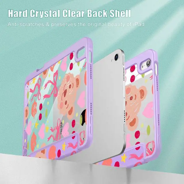 Alt view image 4 of 5 - Mektron Printed Case for iPad mini 7 (A17 Pro) 2024/ Mini 6 2021, iPad mini 7th/6th Generation Case, Buit in Pencil Holder with Clear Back Shell + Trifold Stand + Auto Wake/Sleep, Teddy Bow-Purple