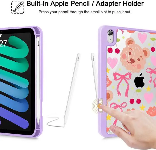 Alt view image 5 of 5 - Mektron Printed Case for iPad mini 7 (A17 Pro) 2024/ Mini 6 2021, iPad mini 7th/6th Generation Case, Buit in Pencil Holder with Clear Back Shell + Trifold Stand + Auto Wake/Sleep, Teddy Bow-Purple