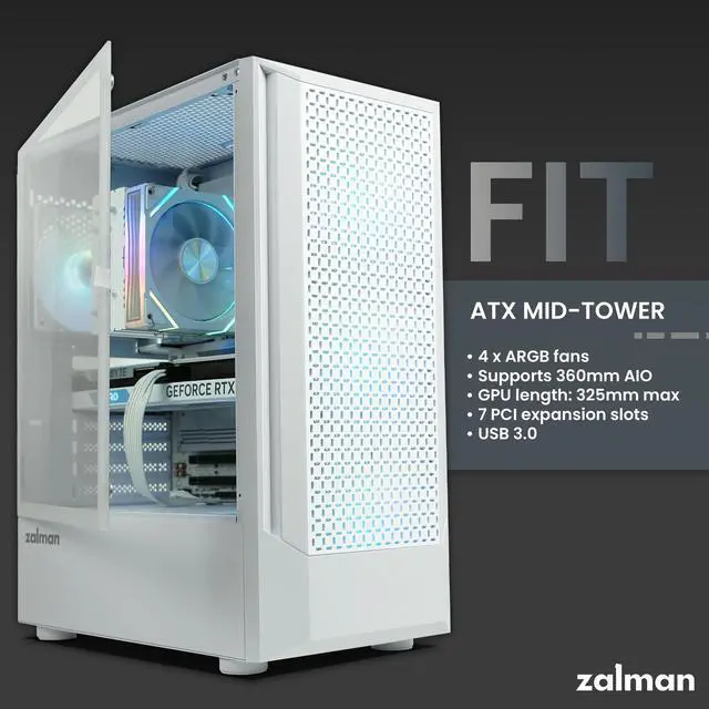 Alt view image 5 of 5 - Zalman FIT Mid-Tower ATX PC Case, Includes 4 x ARGB Fans, Swing Door Tempered Glass, Supports ATX Motherboard, 325mm GPU, 360mm Radiator, USB 3.0, High Airflow RGB Gaming PC Chassis, White