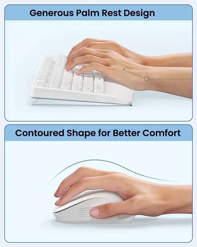Alt view image 3 of 5 - seenda Bluetooth Keyboard and Mouse, COE200 USB + Bluetooth Multi Device, Ergonomic Keyboard Mouse Set, Full-Size Wireless Combo Compatible for Mac OS/Windows PCs Computers Laptops MacBooks - White