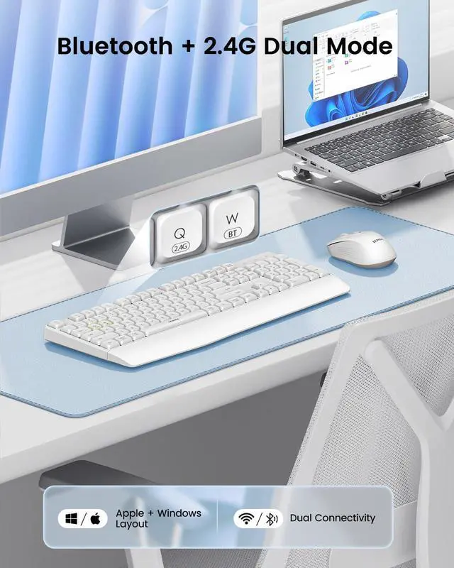 Alt view image 2 of 5 - seenda Bluetooth Keyboard and Mouse, COE200 USB + Bluetooth Multi Device, Ergonomic Keyboard Mouse Set, Full-Size Wireless Combo Compatible for Mac OS/Windows PCs Computers Laptops MacBooks - White