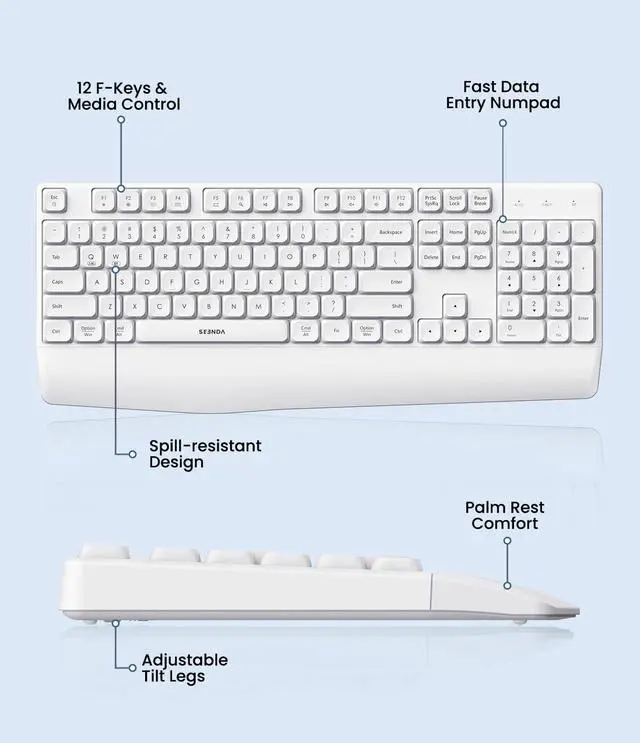 Alt view image 5 of 5 - seenda Bluetooth Keyboard and Mouse, COE200 USB + Bluetooth Multi Device, Ergonomic Keyboard Mouse Set, Full-Size Wireless Combo Compatible for Mac OS/Windows PCs Computers Laptops MacBooks - White
